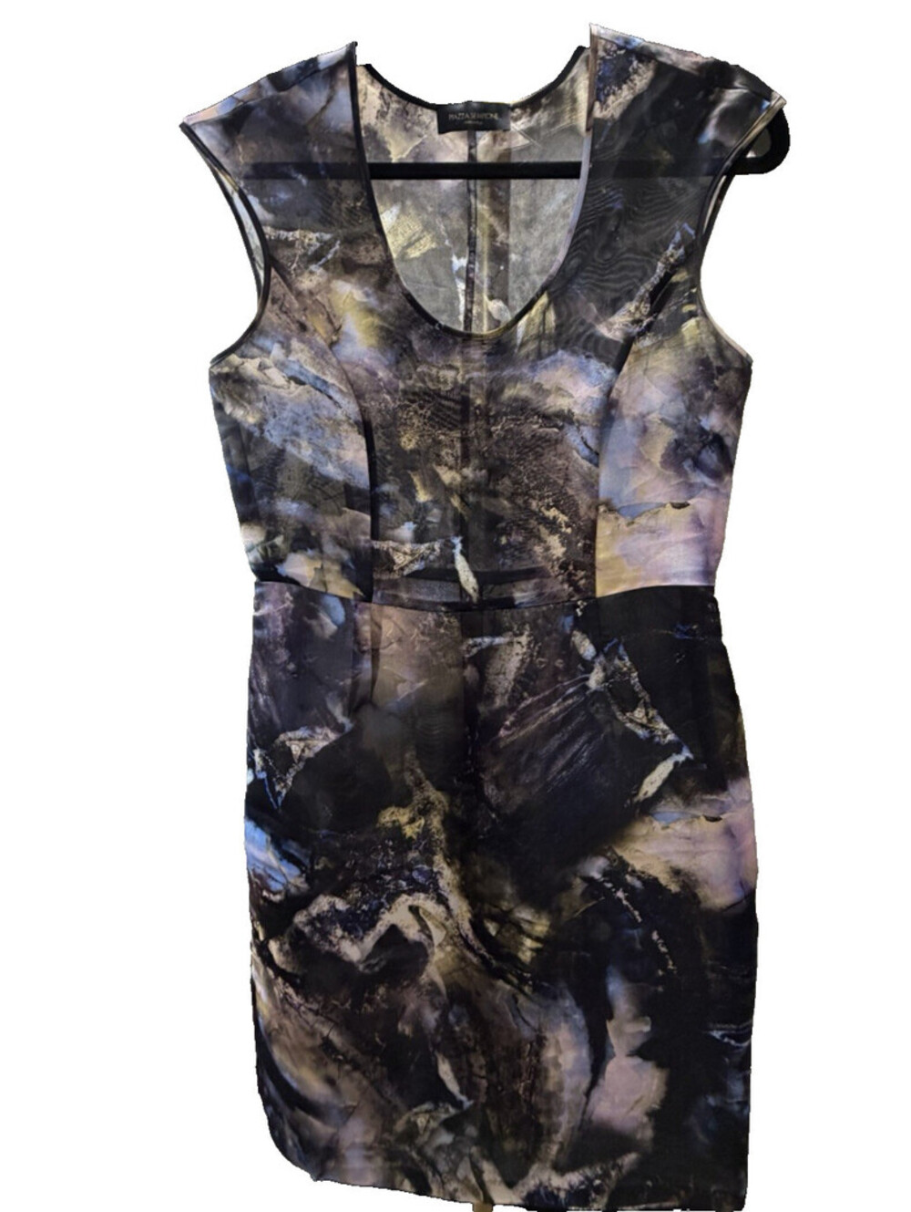PIAZZA SEMPIONE BLUE BLACK MARBLE PRINT SILK SHEATH Semi Sheer DRESS US 8
